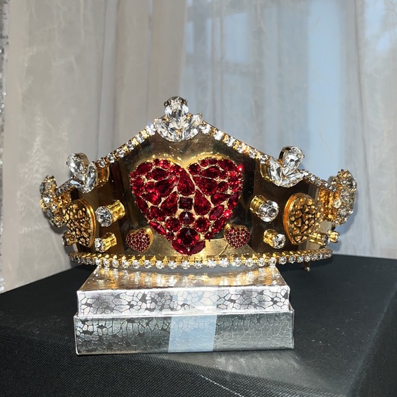 Gold Brass Red Crystal Heart Head Tiara Crown - Picture 2 of 7
